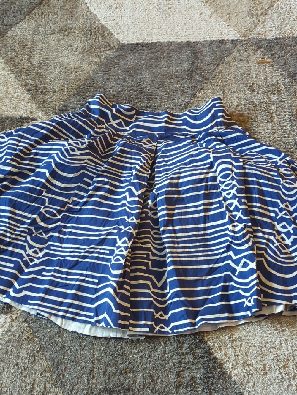 Coastal Geometric A-Line Swing Skater Pleated Skirt Blue White Size 10 Nautical